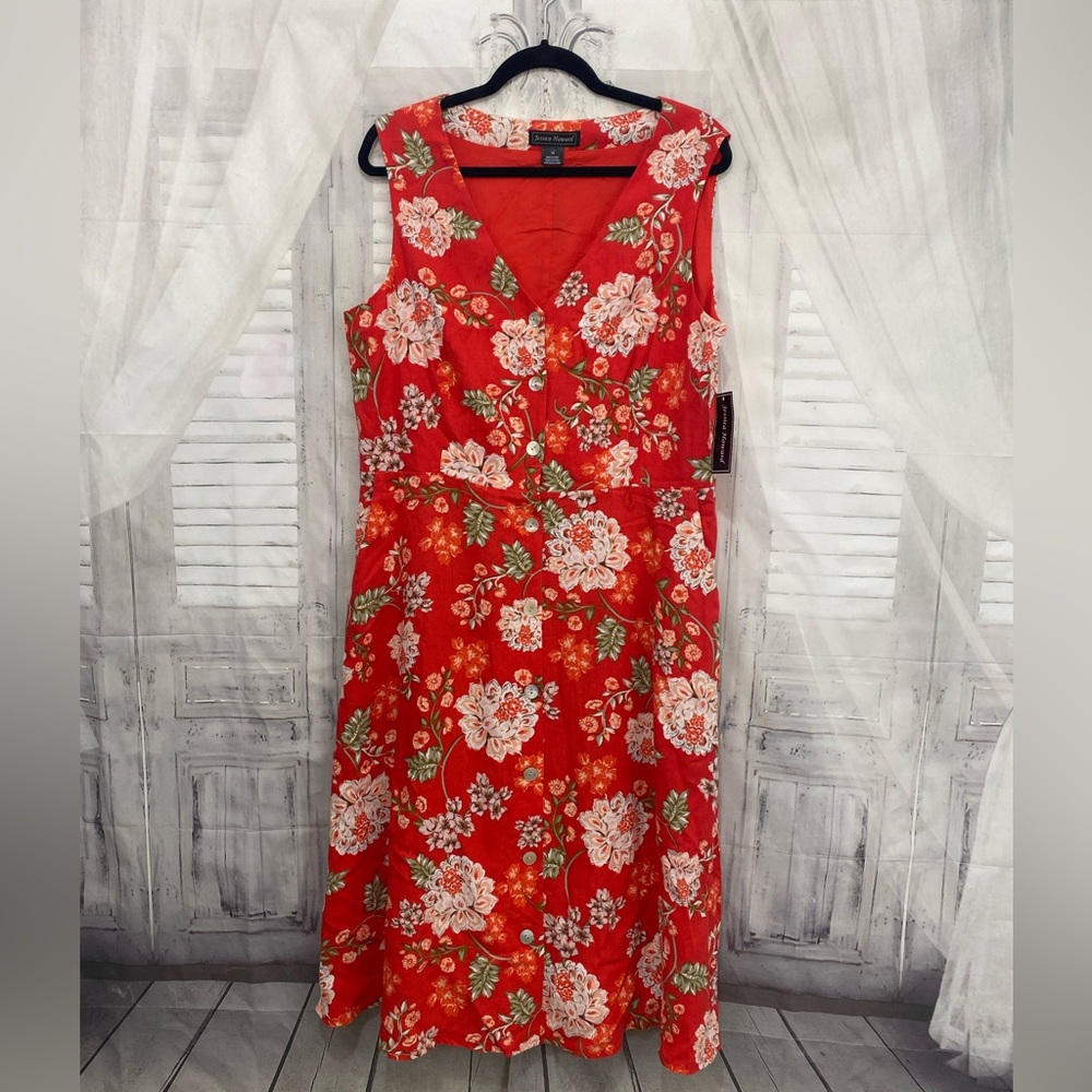 Jessica Howard Size 16 Red Orange Floral Fit & Flare Dress Linen Button Front